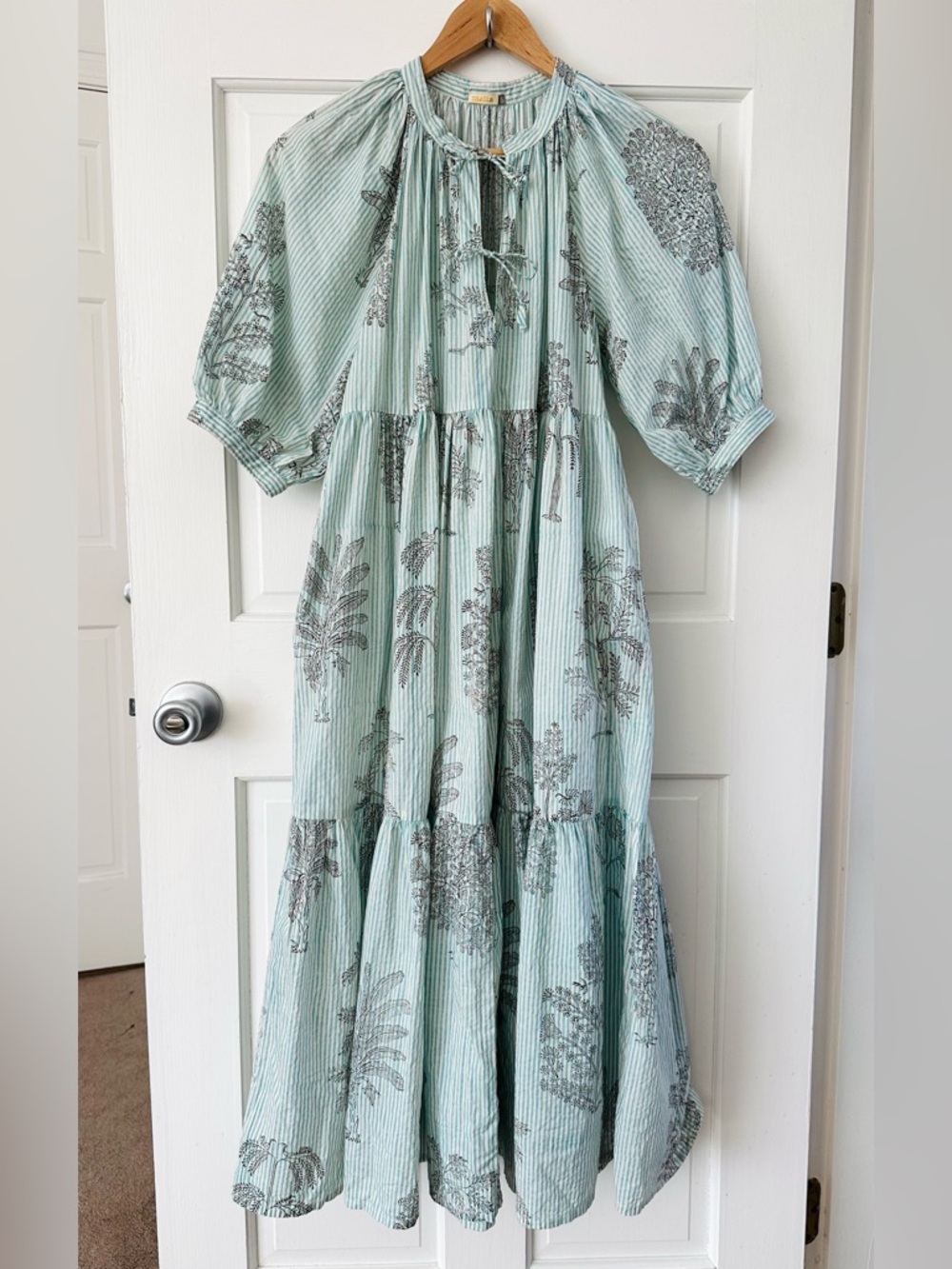 MATTA NY Katia Trees Midi Dress Aqua Water Stripe Cotton Cottagecore Size S